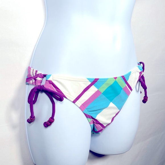 O’Neill New Swim Bottoms Size Small Blue Purple White Green Tie Sides Plaid - Picture 3 of 6